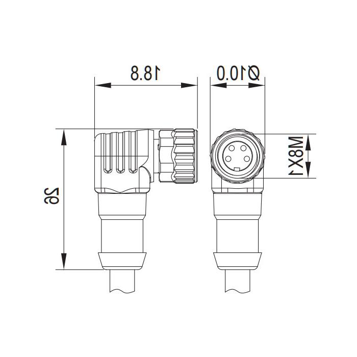 M8 4Pin, female 90°, LED light, single end pre-cast PVC non-flexible cable, grey sheathing, 63S163-XXX