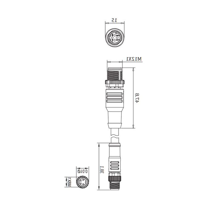 M8 straight 4Pin to M12 straight 4Pin (D-coded), double-ended precast PUR flexible cable, shielded, green sheathing, 0C3063-XXX