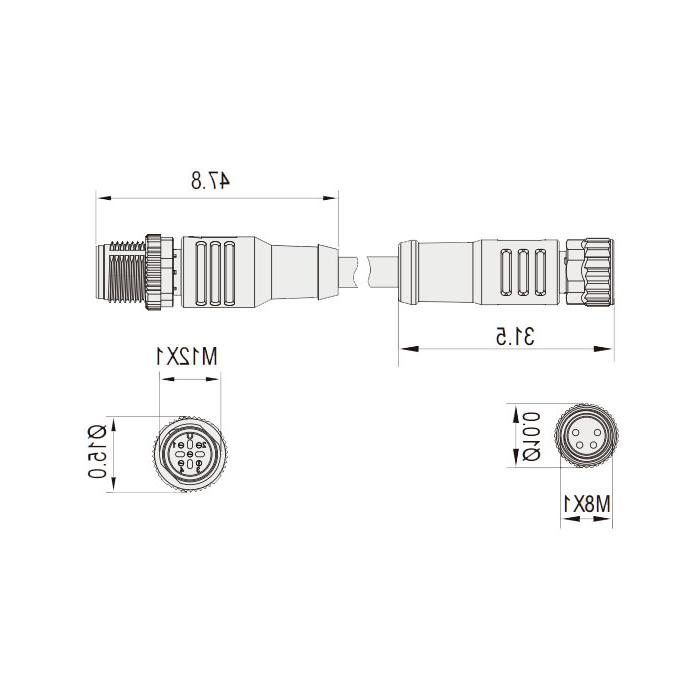 M8 to M12 4Pin, M8 straight female head with LED light to M12 straight male head, double-ended pre-cast PVC non-flexible cable, gray sheathing, 63D313-XXX