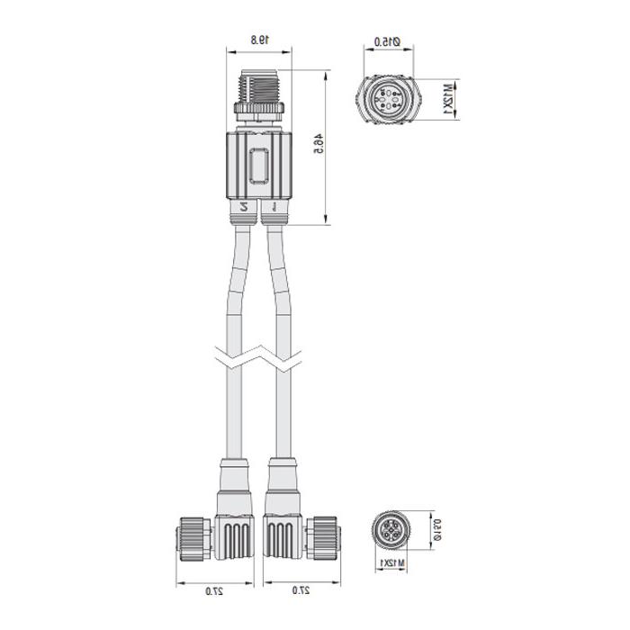 M12 4Pin male /2M12 3Pin female 90°, with LED light, Y-shaped precast anti-slag PUR flexible cable, yellow sheathing, 64T181-XXX